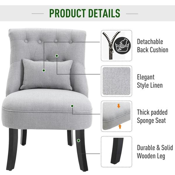 Grey upholstered chair with detachable back cushion, thick padded seat, and wooden legs