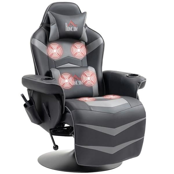 Grey leather massage recliner chair with high back, headrest, and retractable footrest