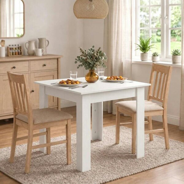 Square Dining Table, Modern Small Dining Table with Wood Effect, Space Saving, Non-slip Foot Pads, White