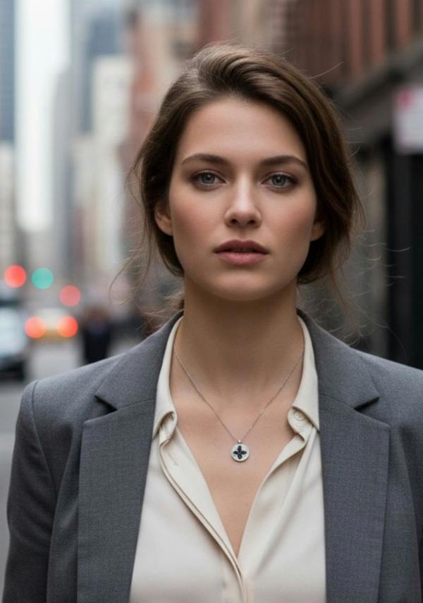 Woman wearing a gray blazer and beige shirt with a black and silver clover pendant necklace in an urban setting