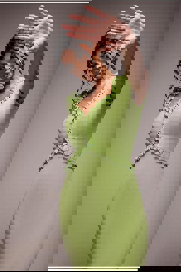 Cap Sleeve Frill Edge Midi Dress - Lime Green DR4223