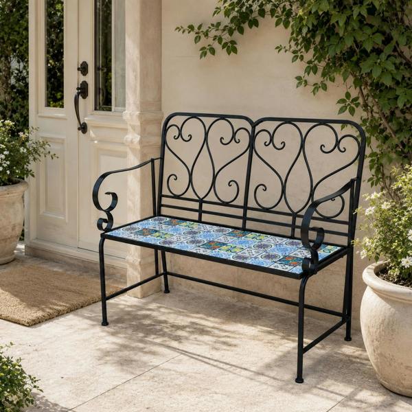 Lisbon Mosaic 2 Seater Garden Bench, 112cm Outdoor Patio Seat with Ceramic Tile Seat, Scrollwork Backrest & Metal Frame image 1