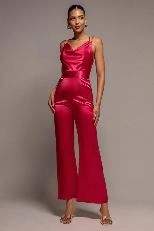 Satin Cowl Neck Jumpsuit - Cerise TR234VP