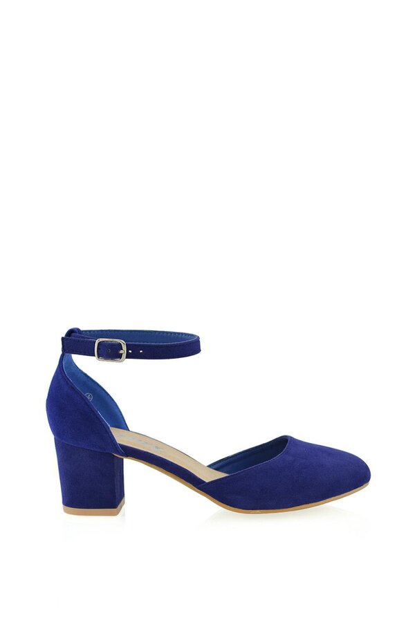 XY LONDON Chunky Strappy Mid Block High Heels Court Shoes - Navy