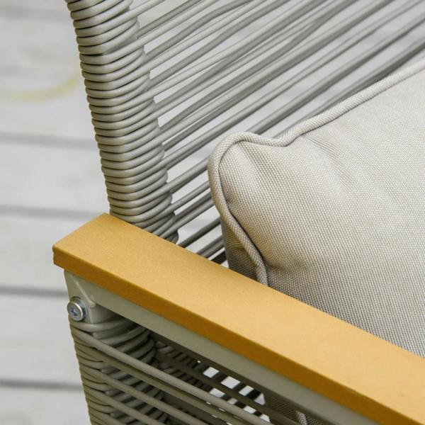 Grey rattan backrest with beige cushion and woven slat detail