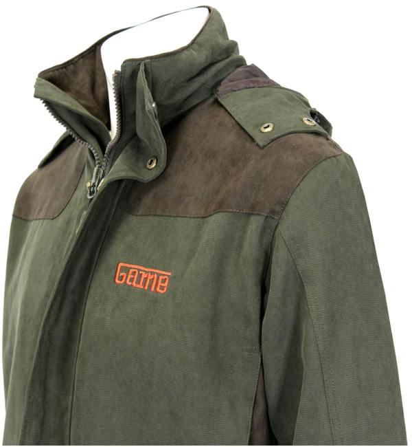 Close up on the Game Aston Pro Waterproof Jacket with detailing on the shoulder and game technical apparel branding