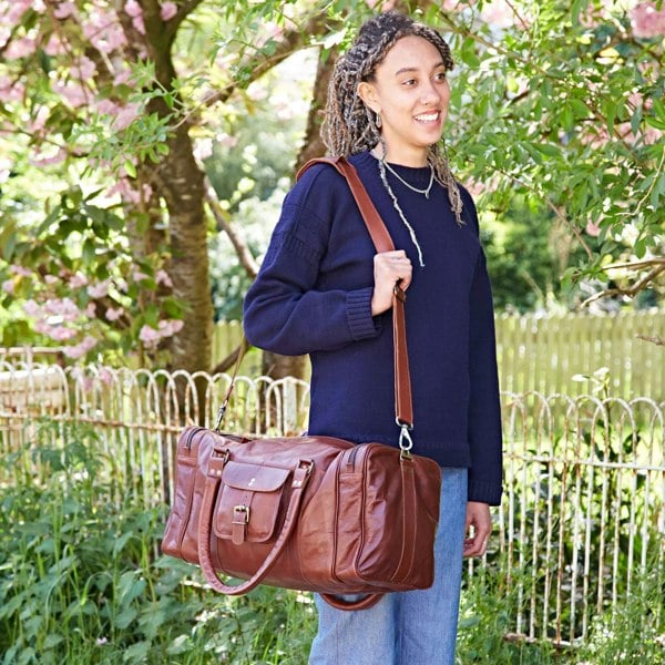 Paper High Brown Leather Holdall with Zipped Pockets