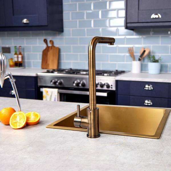 Flode Mjörn | Single Lever Kitchen Sink Mixer Tap with Swivel Spout | L Neck Design | Antique Brass Finish
