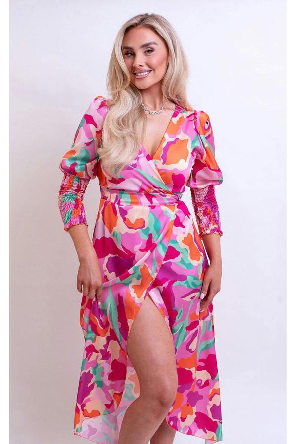 Haniya Wrap Front Printed Midi Dress - Pink