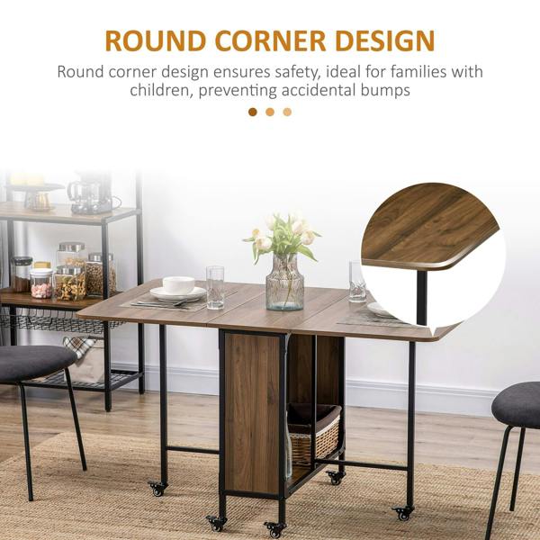 Brown drop-leaf dining table with rounded corners and black frame on caster wheels