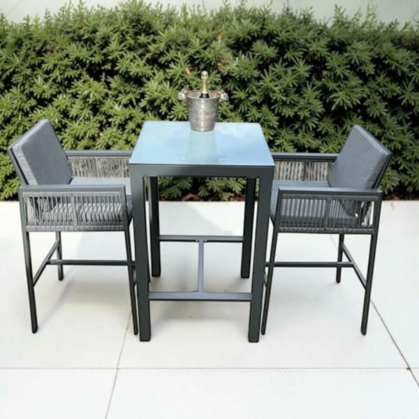 The Garden Marketplace Monaco 2 Seater Tall Garden Bar Table & Stool Bistro Set – Grey Powder-Coated Aluminium with Grey Glass Top (70 x 70cm)