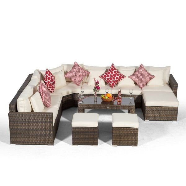 Giardino Santorini L Shape Modular 6 Seat Rattan Corner Sofa Set With Large Coffee Table, 2 Stools & Ottoman