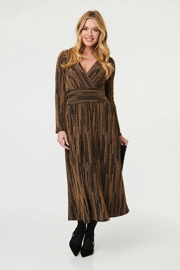 Gold | Striped Texture Long Sleeve Midi Dress
