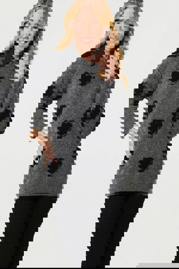 Grey | Heart Print Denim Trim Collar Jumper
