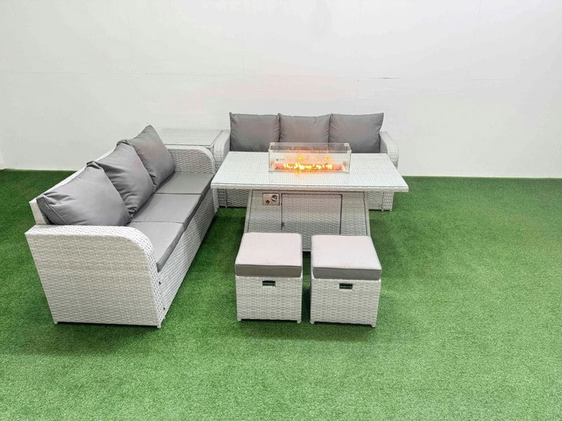 Fimous Outdoor Garden Furniture Sets 8 Seater Rattan Furniture Sofa Sets with Fire Pit Dining Table high Back Lounge Sofa Stools Side Table Light Grey