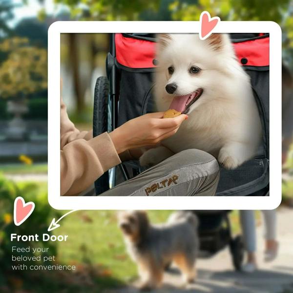 Red and black pet stroller front door opening with a small dog inside