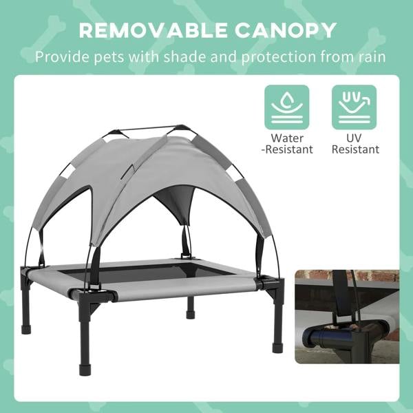 Raised cooling pet bed with removable light grey canopy and black legs