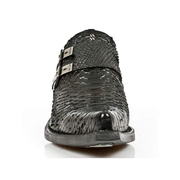 New Rock Embossed Python Black Leather Buckled Shoes-7934-S2