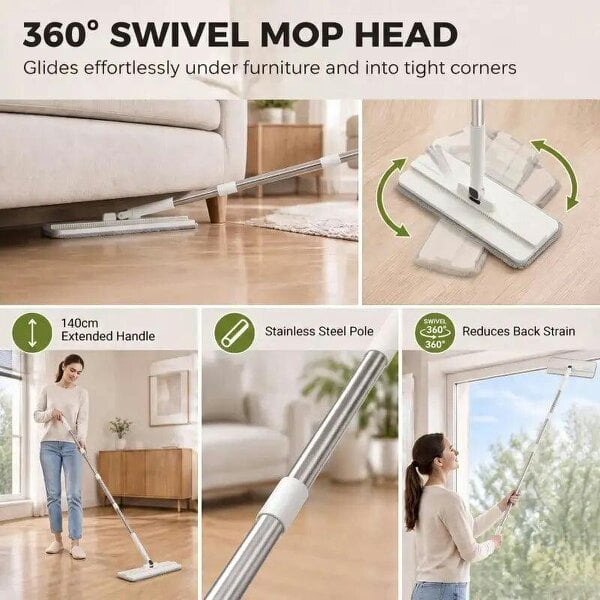 Bobobiy Mop and Bucket Set, Compact Flat Mop and Bucket with Wringer, 2-Port Design, 5 Reusable Microfiber Pads, White