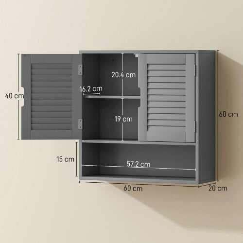 Wyld Haus Zilikane Wall Mounted Bathroom Storage Cabinet With Adjustable Shelves Grey 60 x 20 x 60cm
