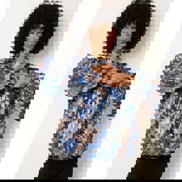 Blue Vanilla Floral Metallic Puffball Top