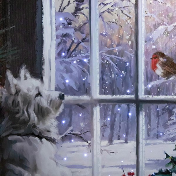 Samuel Alexander 40cm x 30cm Battery Operated Light up Fibre Optic Christmas Dog & Robin Wall Art