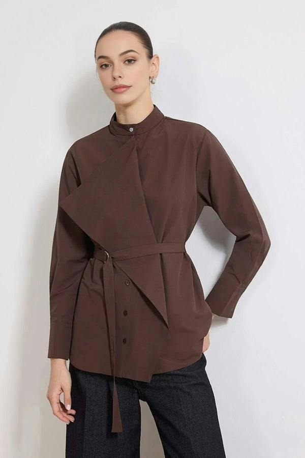 WOVCOR Cotton Fabric Woven Shirt with Belt and Collar Detail