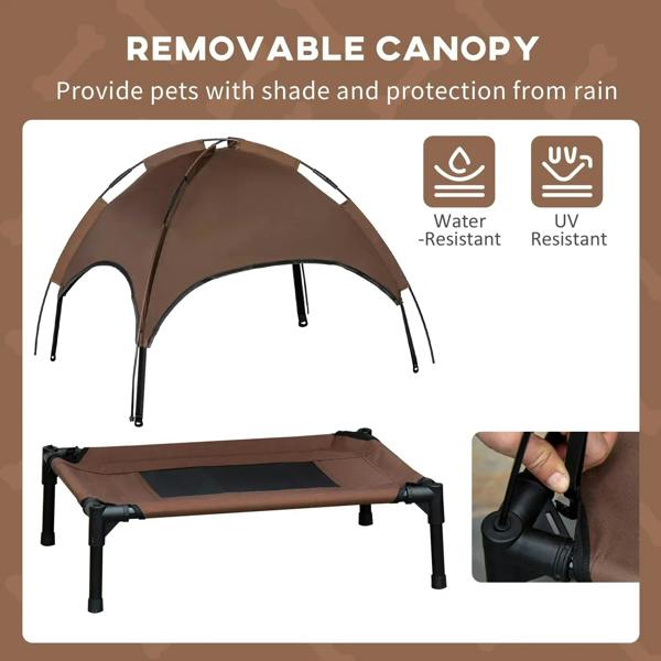 Brown raised pet cot with detachable canopy and gray mesh base, black metal legs