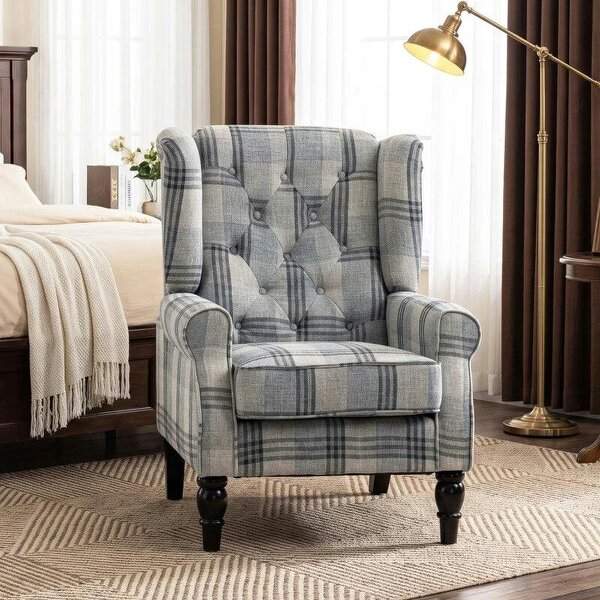 Faux Linen Armchair with Thick Spring Cushion, Wingback Accent Chair with High Back, Solid Wood Legs, Mixed Plaid