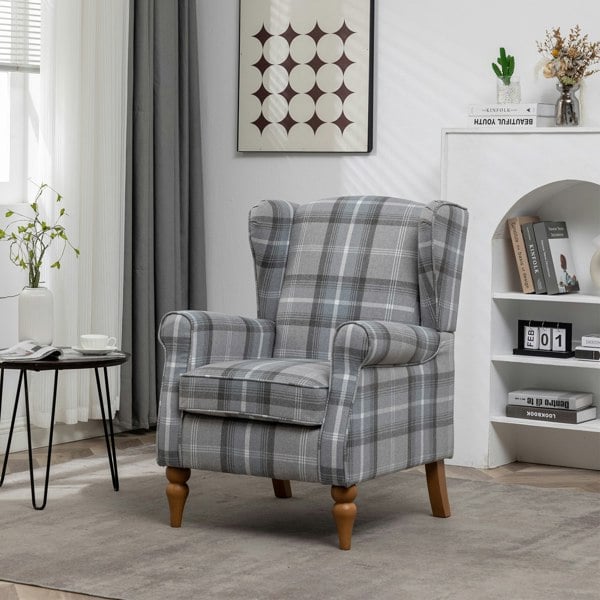 Furniture One Wingback Tartan Armchair, Retro Accent Chair Soft Padded Fabric Lounge Padded Sofa Chair with  Solid Wood Frame