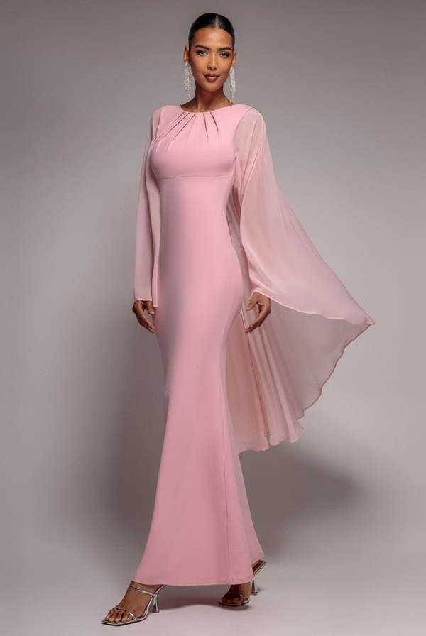 Cape Sleeve Chiffon And Scuba Crepe Maxi Dress - Blush Pink DR4900