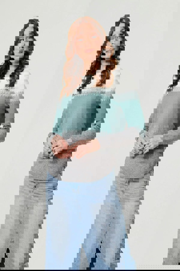 Green | Sparkly Colour Block Curve Hem Jumper
