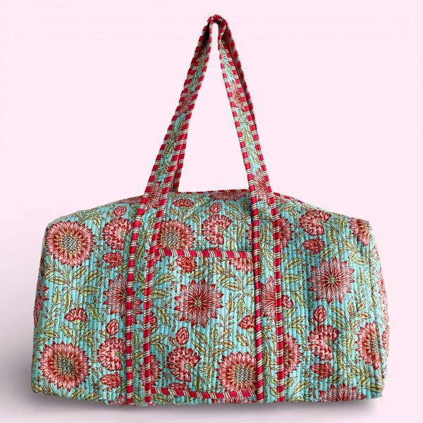 Hayley & Co Blue and Pink Floral Cotton Quilted Weekend Duffle Bag
