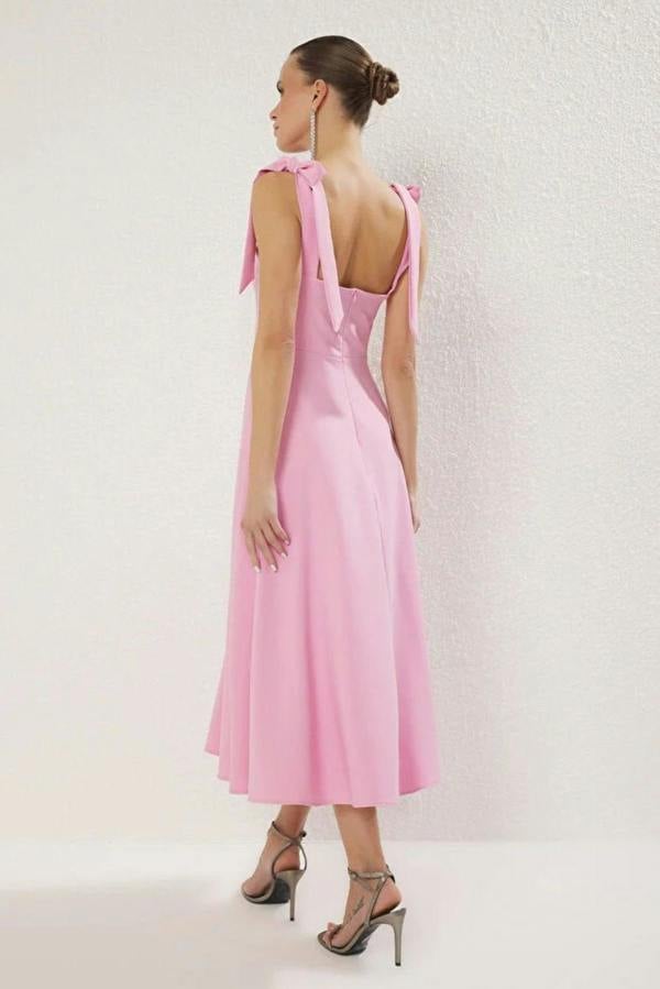 Hoxton Gal Elegant Woven Midi A-Line Dress with Tie-Strap Detail