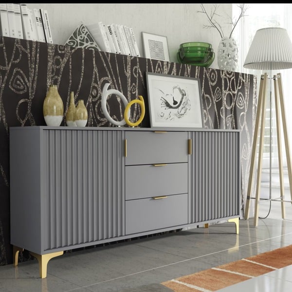 Mex Furniture Captivating Grey 140cm Sideboard with Ribbed Doors, 3 Drawers & Gold Accents