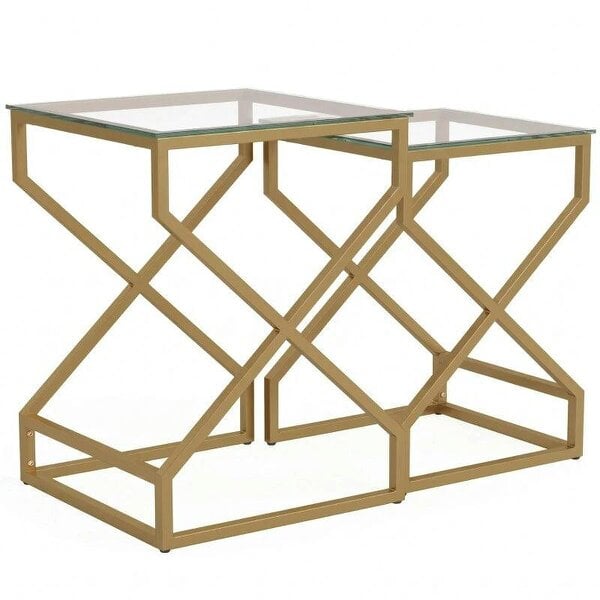 Nest of Tables, Side Table Set of 2 with Transparent Top, Coffee Table Set with Tempered Glass Top, Transparent