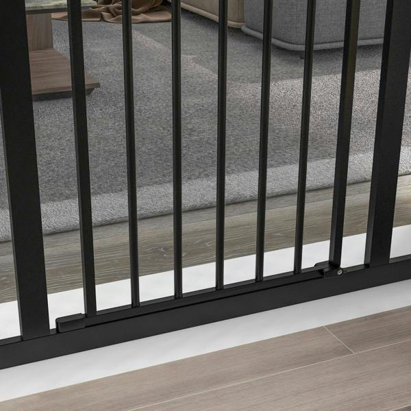 Black pet gate base with floor stand and locking latch detail