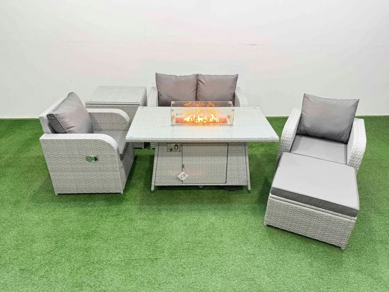 Fimous Light Grey PE Wicker Rattan Garden Furniture Set Sofa Set Reclining Chair Fire Pit Dining Table 5 Seater With Footstool Side Table