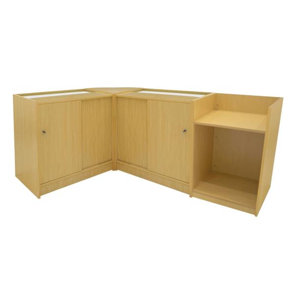 Polaris LED Shop Counter Set in maple finish, featuring a modern design with multiple storage compartments and sleek lines
