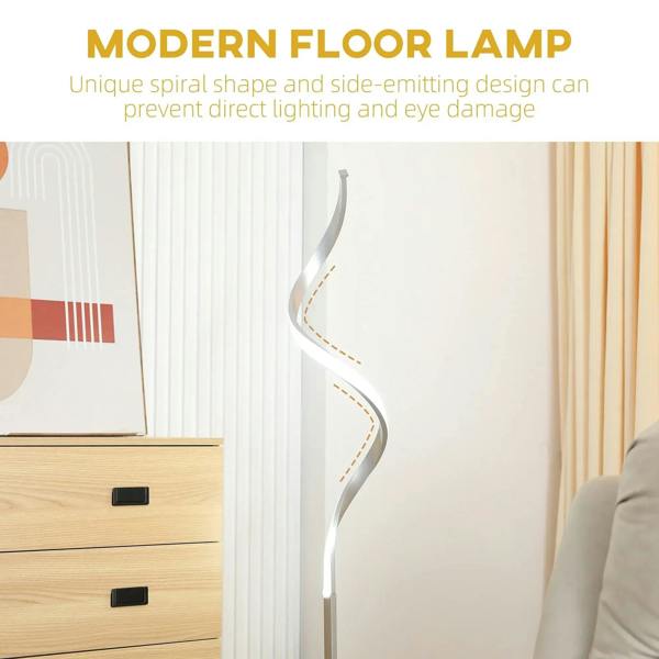 Silver spiral LED floor lamp with wavy stem and square base