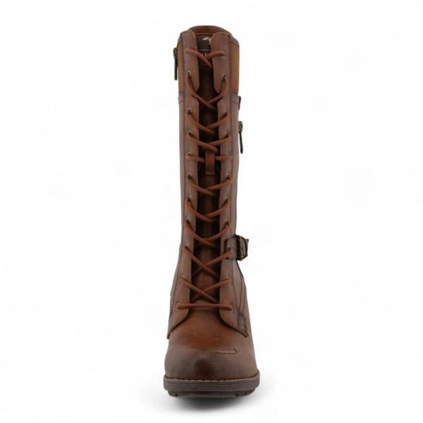 Mustang Women's Brown Mid-Calf Lace Up Heeled Combat Boots