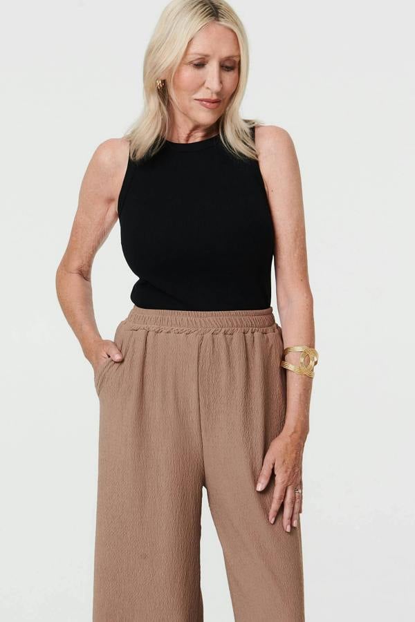 Beige | Textured High Waist Wide Crop Trousers