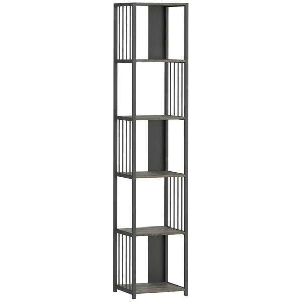 Grey steel frame 5-tier bookshelf with open shelves and vertical slat sides.