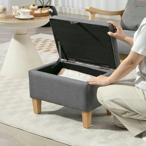 Wyld Haus Doma Linen Grey Compact Storage Footstool With Storage Natural Wooden Legs