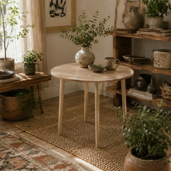 Wyld Haus Levadifi Solid Wood Natural Round Folding Dining Table Seating 4 With TaFauxred Legs