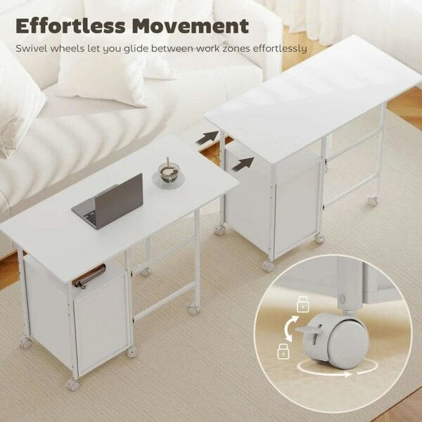 105 x 51 cm Foldable Office Deskwith 3 Drawers, Extendable Top, Wheels, White
