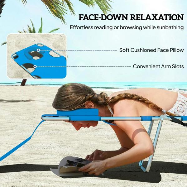 Blue foldable sun lounger with face pillow and arm slots for face-down lounging