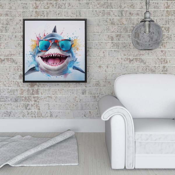 Warren Reed Splash Art Shark In Glasses Framed Canvas