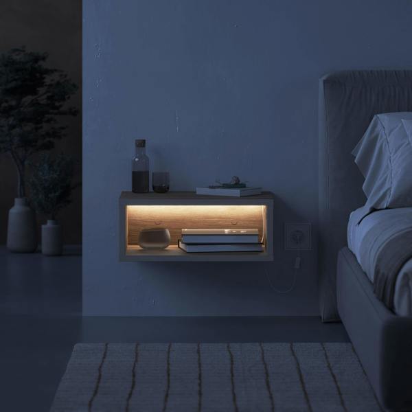 Decortie Modern Floating Bedside Table w/ LED Lights 45cm Wall-Mount Nightstand End Table Open Shelf Bedroom