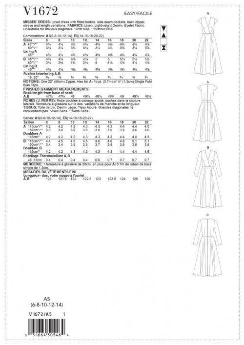 Vogue Sewing Pattern 1672, Dresses for Women, A5 (6-8-10-12-14) - Easy